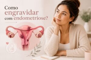 Mulher com endometriose buscando informações sobre como engravidar, com ilustração do sistema reprodutor feminino e acompanhamento especializado para fertilidade.