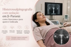 Paciente realizando histerossalpingografia com sedação em Ji-Paraná, exame utilizado para avaliar o útero e a permeabilidade das trompas durante a investigação da infertilidade feminina, proporcionando mais conforto e segurança.