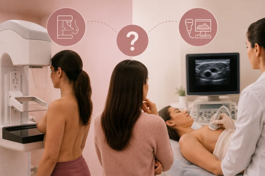 Comparação entre mamografia e ultrassom das mamas, exames de imagem utilizados na avaliação e acompanhamento da saúde mamária.