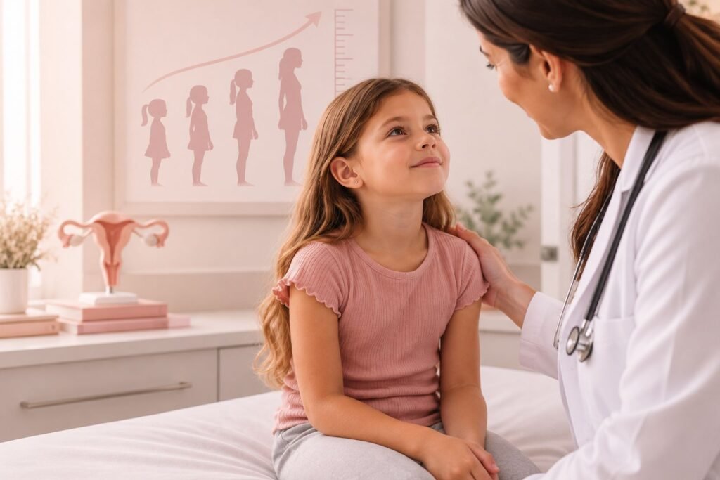 Menina em avaliação médica para investigação de sinais de puberdade precoce e acompanhamento do crescimento e desenvolvimento infantil.